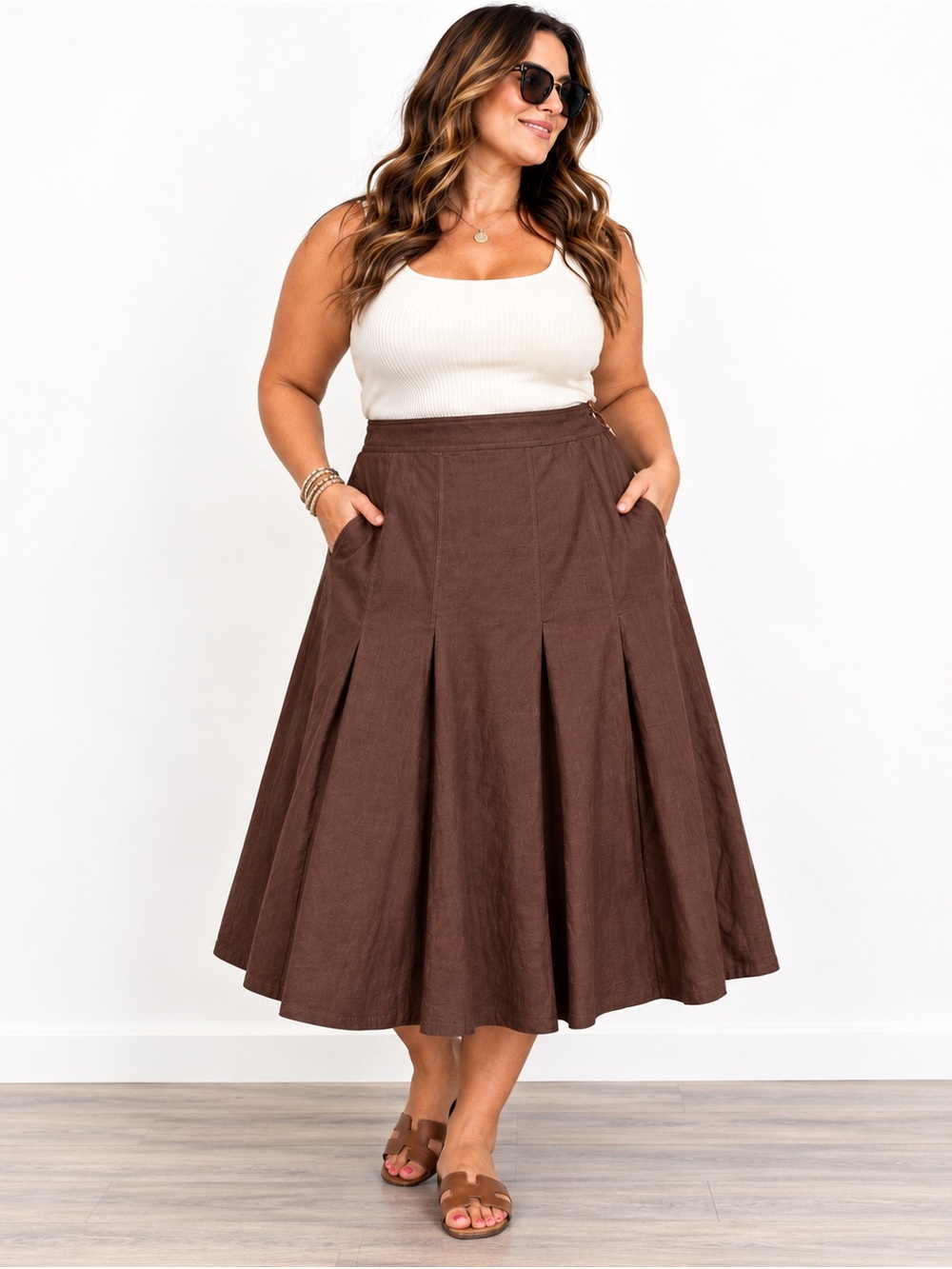 Ashley Stewart 2X Brown Linen Blend Pleated Midi Skirt Side Zip Plus Size